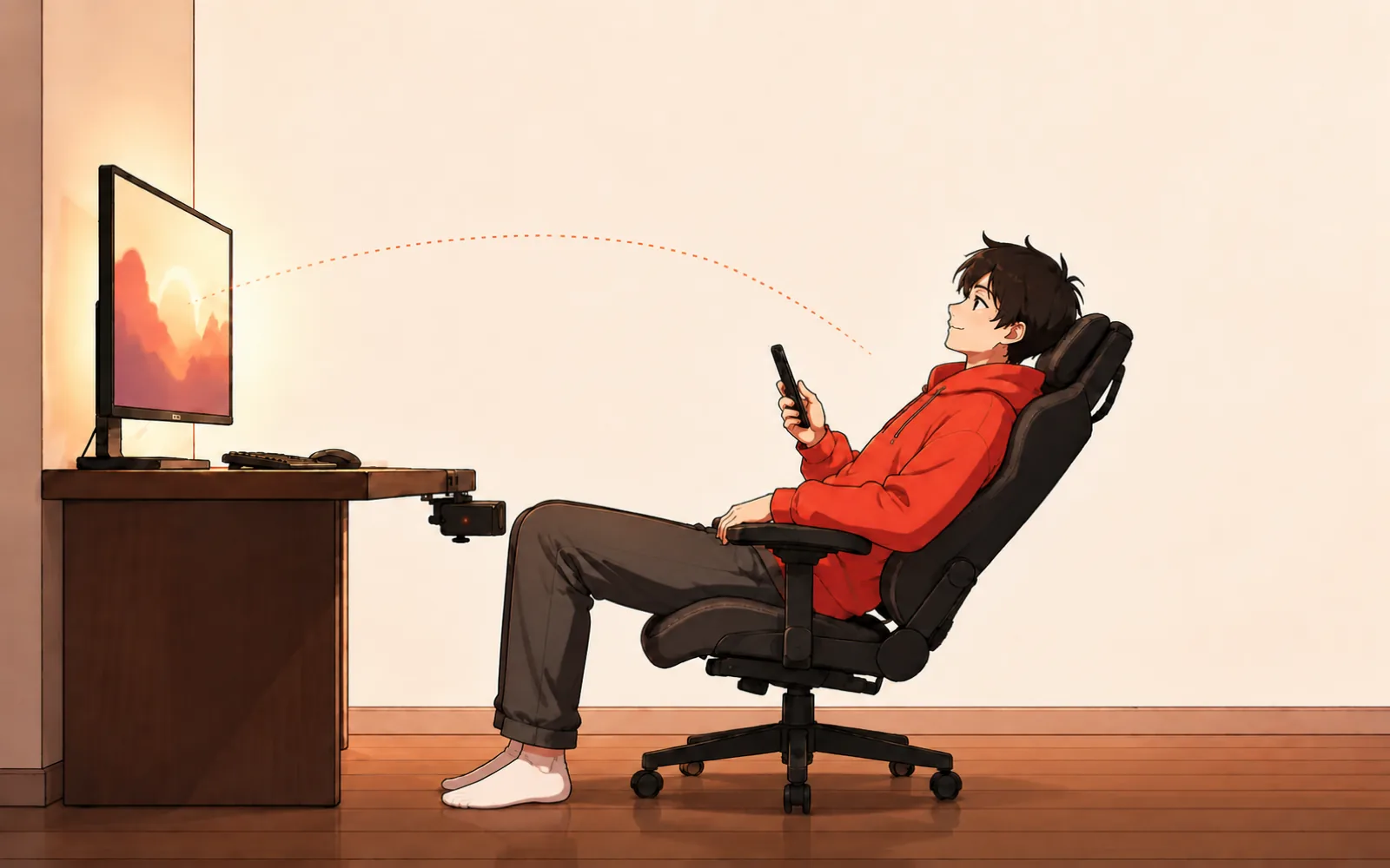 Side view of a desk setup: monitor and keyboard far back, the device clamped to the near edge, and someone reclined in a chair well away from it, controlling everything from the phone in his hand.